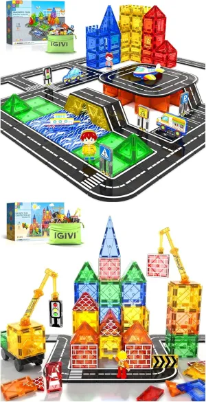 Magnetic Tiles Road Se twith Magnet Crane Car Toys, Construction Toys for Kids Ages 3-5 4-8 5-7, Creative Gifts for Toy Car Enthusiasts