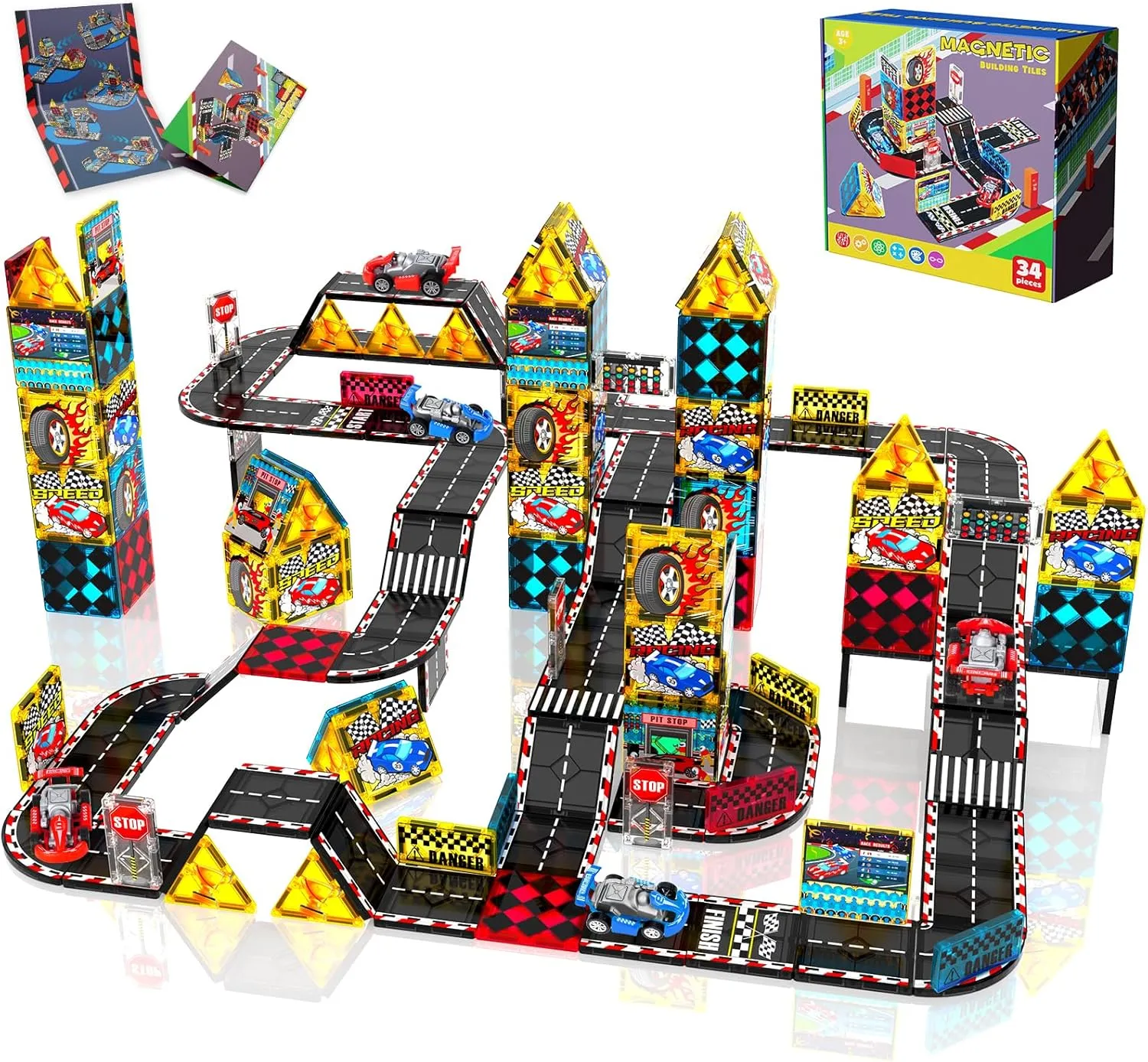 Magnetic Tiles Road Set, Magnetic Blocks for Build Race Car Tracks, Construction Kit STEM Learning Toys for Boys Girls Ages 1-12, Back to School Holidays Birthdays Gift