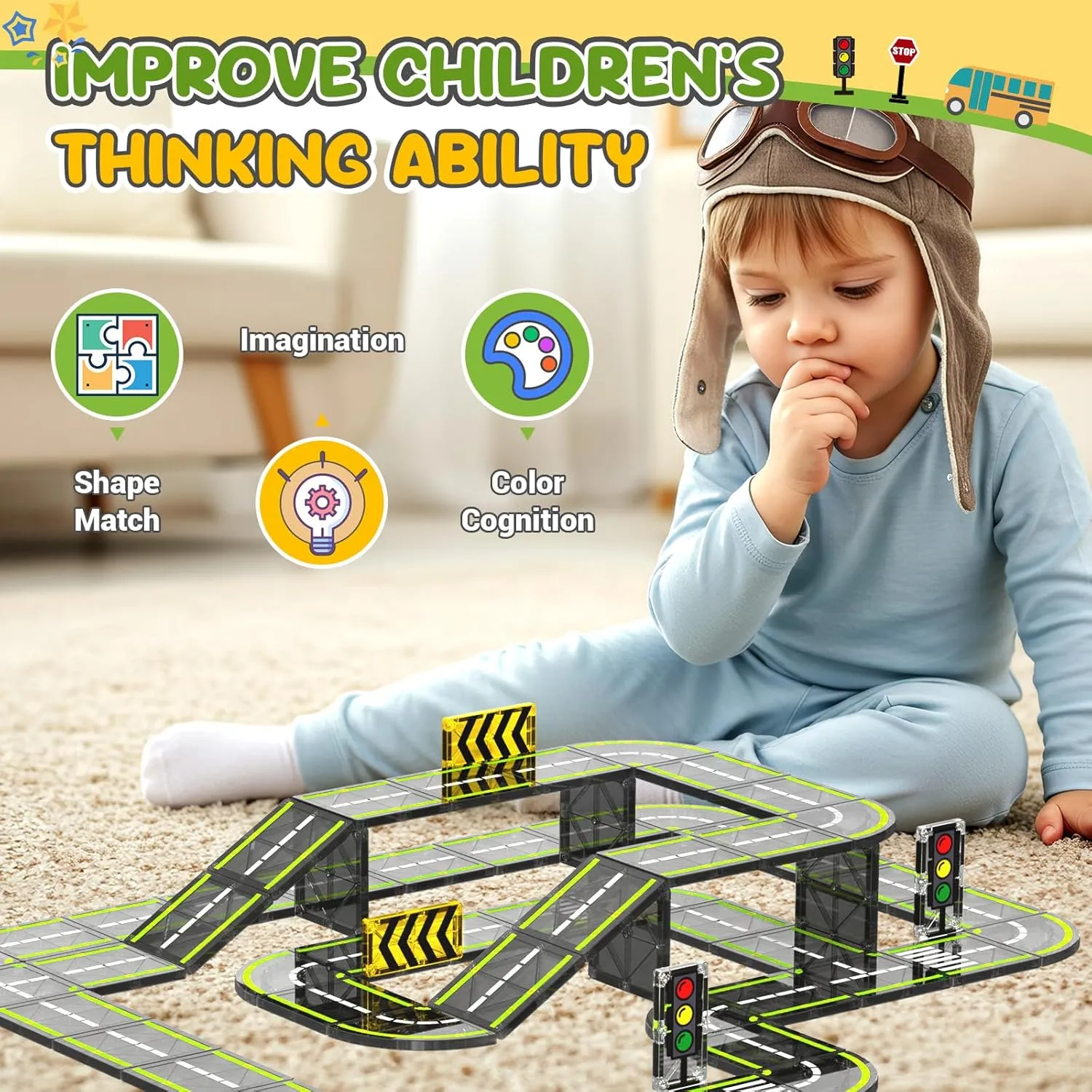 Magnetic Tiles Road Set, Magnetic Building Blocks for Toddler Kids, Montessori Educational Magnet Toys for Kids Ages 3 Year Old, STEM Creative Toy for Christmas Birthday Gifts