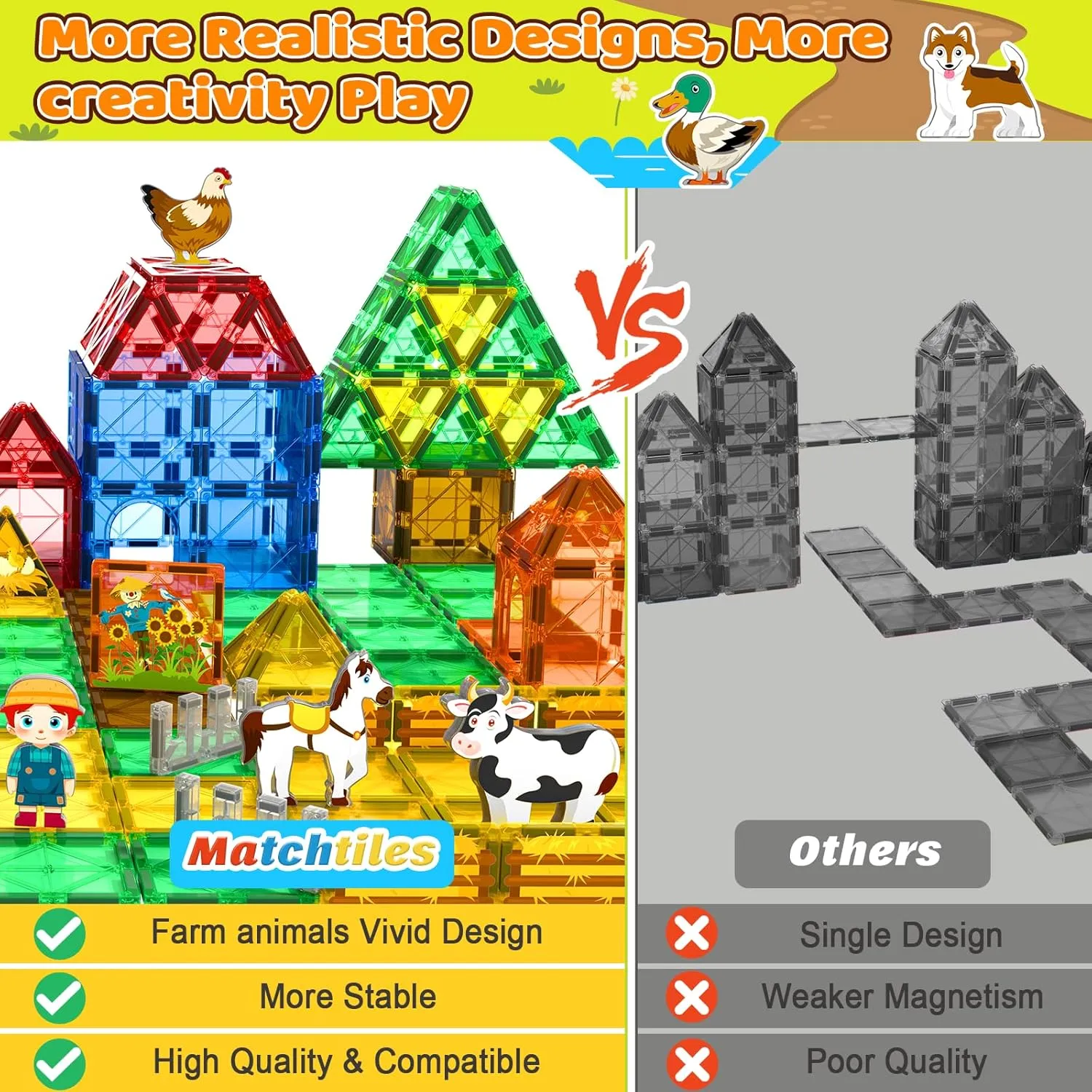 Magnetic Tiles Toys with Farm Animals for 3  Year Old Toddler, Magnetic Blocks Building Toys for Kids Ages 3-5 5-7 Girls Boys, Classroom Must Haves