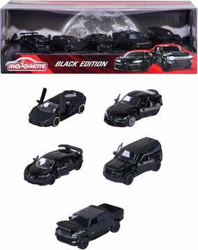 Majorette Black Edition Car Set (5 Cars) - 5 Black Metal Model Cars with Freewheel, Suspension & Opening Part, Toy Cars for Collectors and Children from 3 Years, Each 7.5 cm