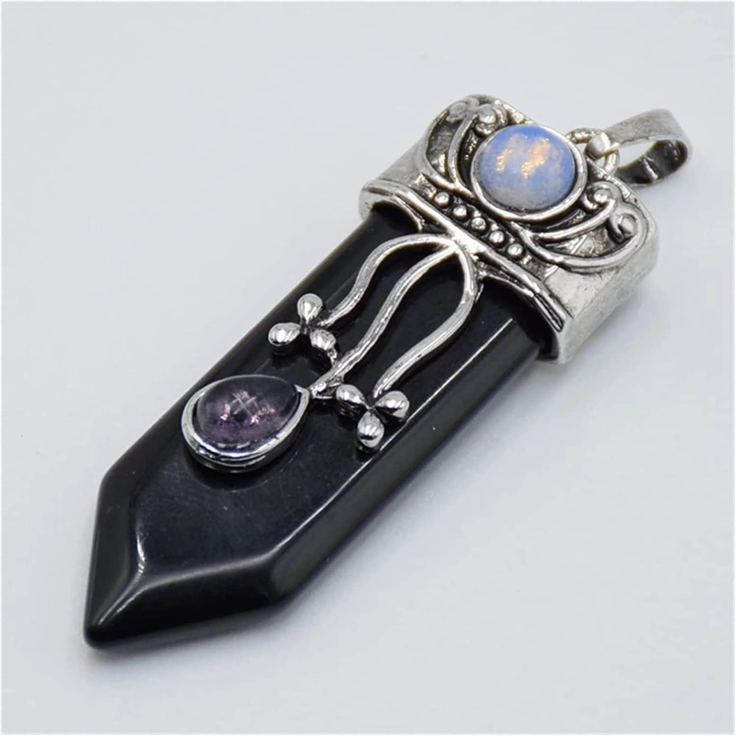 Make Jewelry Yourself Natural Amethyst Pink Quartz Stone Sword Necklace Trailer Labradorite Lapis Lazuli Black Onyx Arrow Pearl Round Opal Jewelry geman Pendant (Size : Black Agates)