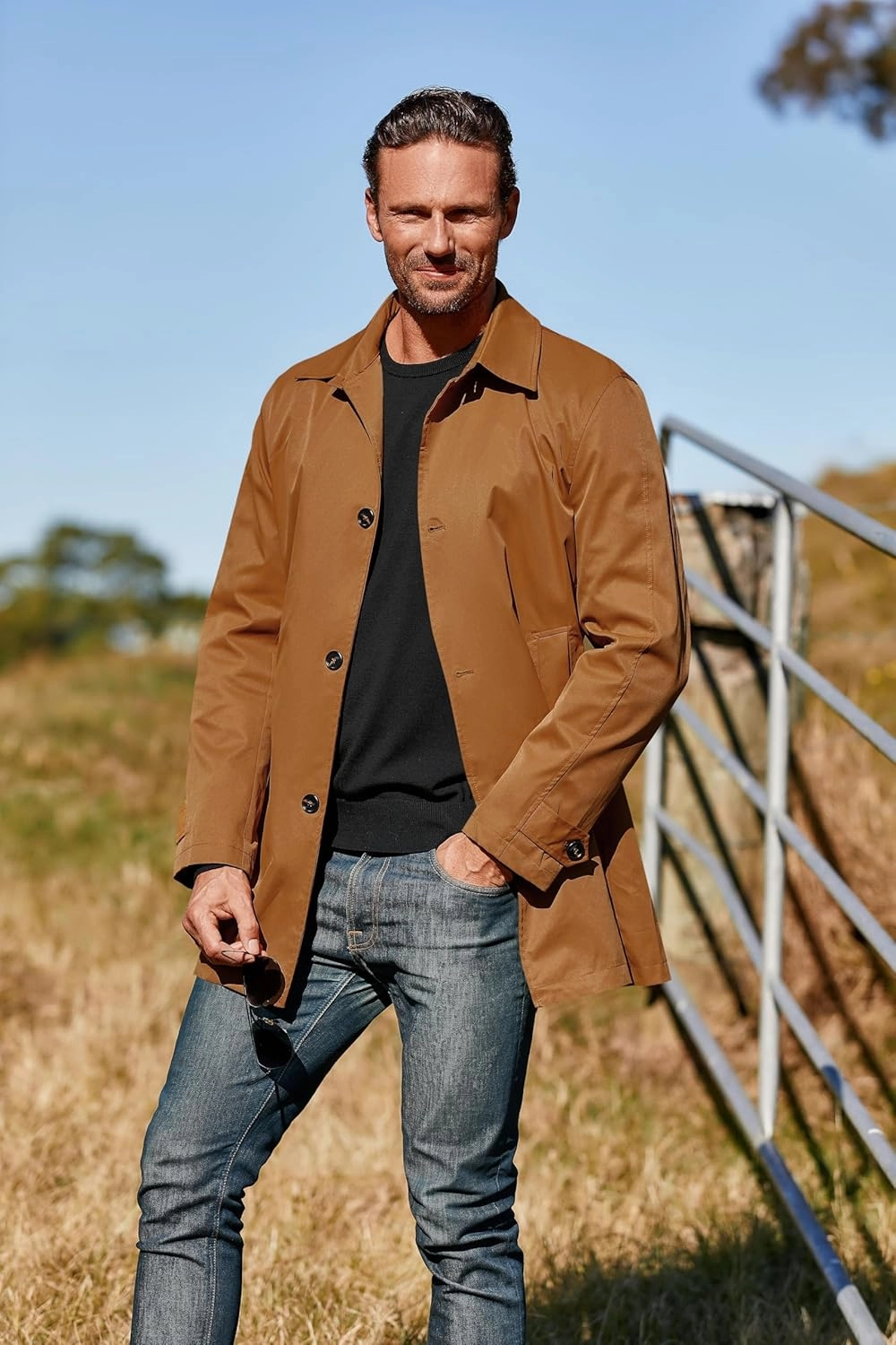 Makkrom Mens Trench Coat Single Breasted Casual Spread Collar Windbreak Jacket Long Classic Business Overcoat