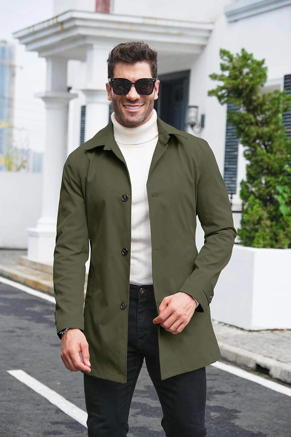 Makkrom Mens Trench Coat Single Breasted Casual Spread Collar Windbreak Jacket Long Classic Business Overcoat