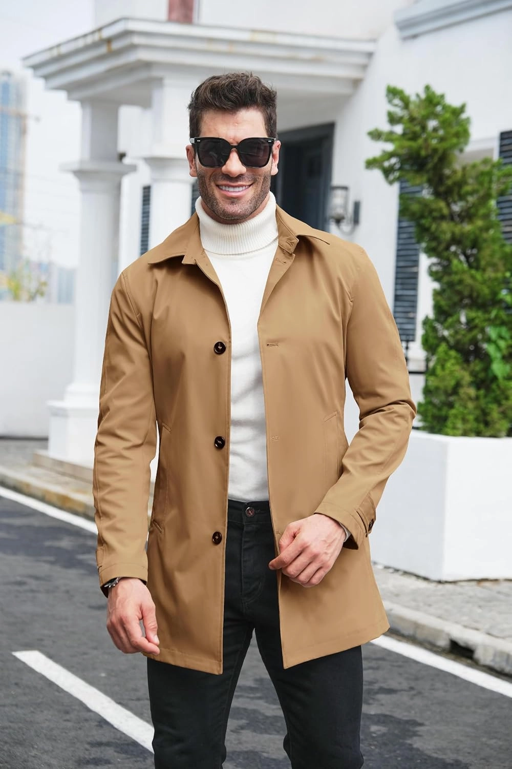 Makkrom Mens Trench Coat Single Breasted Casual Spread Collar Windbreak Jacket Long Classic Business Overcoat