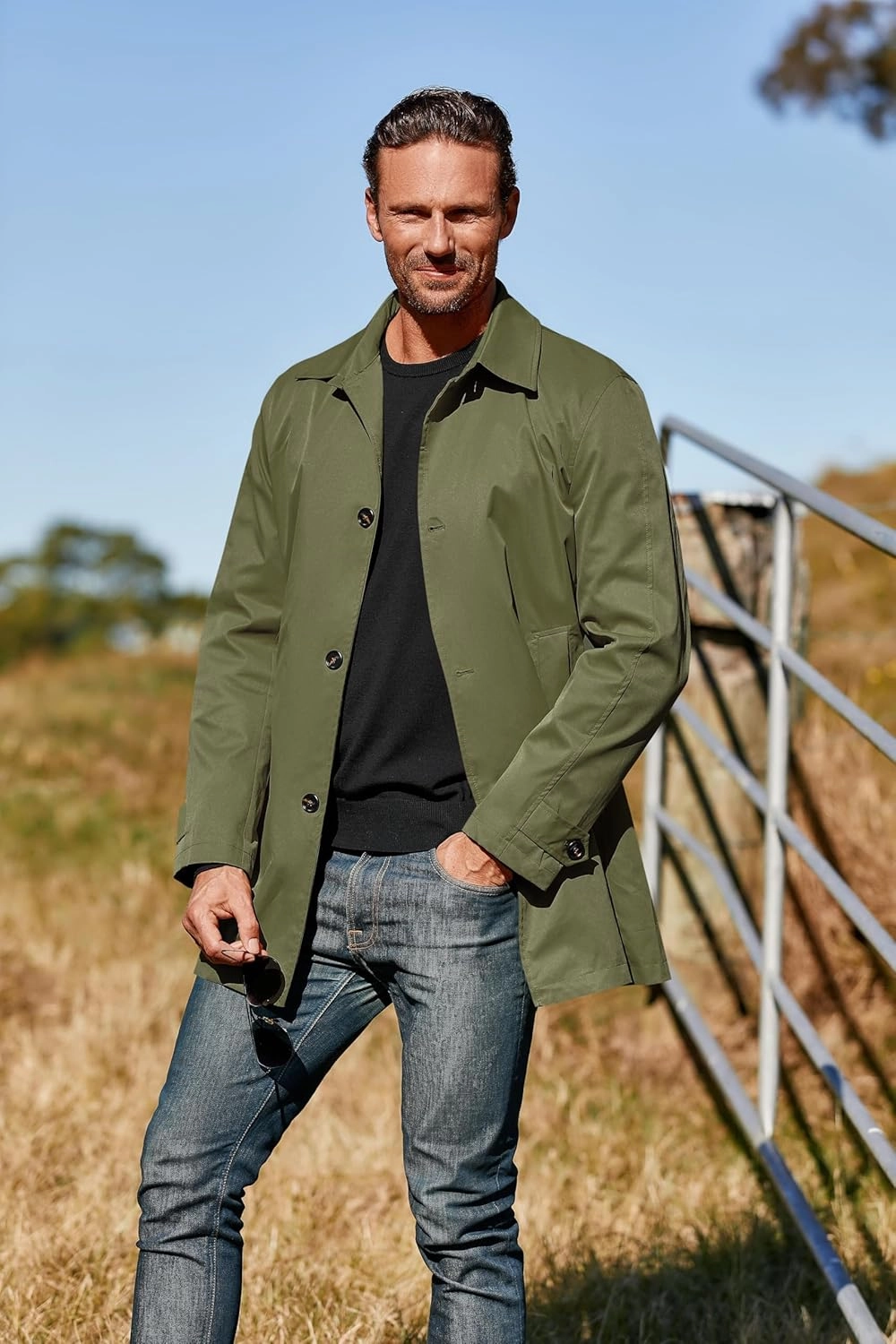 Makkrom Mens Trench Coat Single Breasted Casual Spread Collar Windbreak Jacket Long Classic Business Overcoat