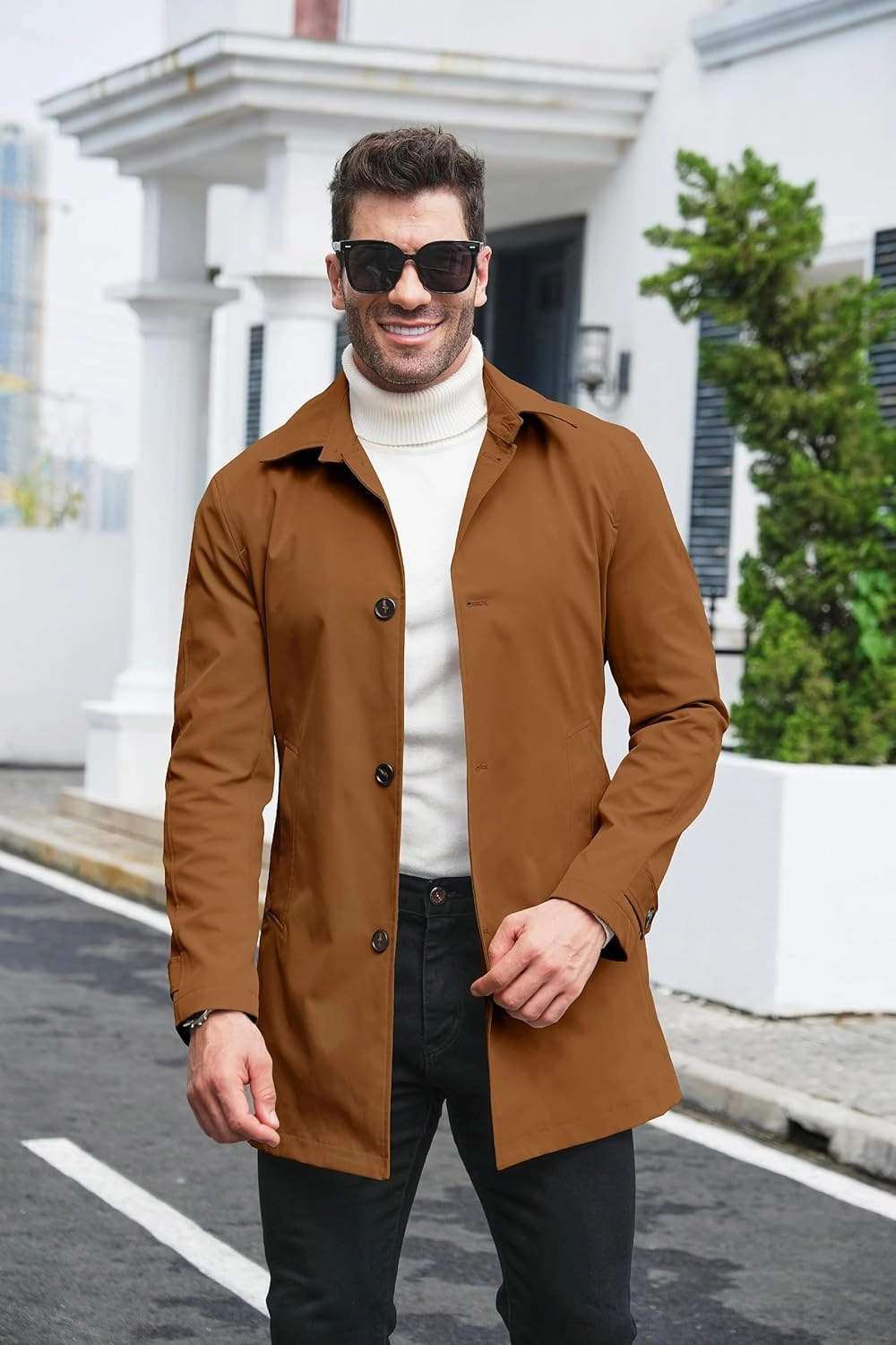 Makkrom Mens Trench Coat Single Breasted Casual Spread Collar Windbreak Jacket Long Classic Business Overcoat