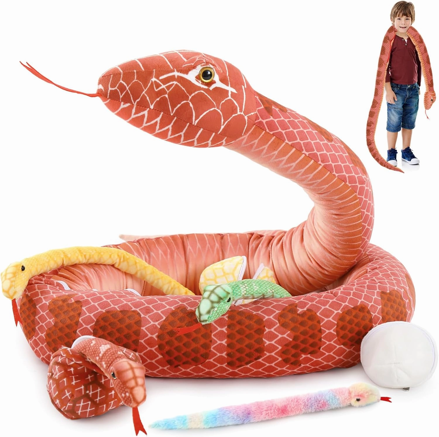MaoGoLan 118'' Large Plush Snake Giant Snake Mommy with 4 Babies & 3 Eggs Plush Toy Bulk, Red Boa Constrictor Stuffed Animal Gift for Kids Boys Girls Christmas Easter Halloween