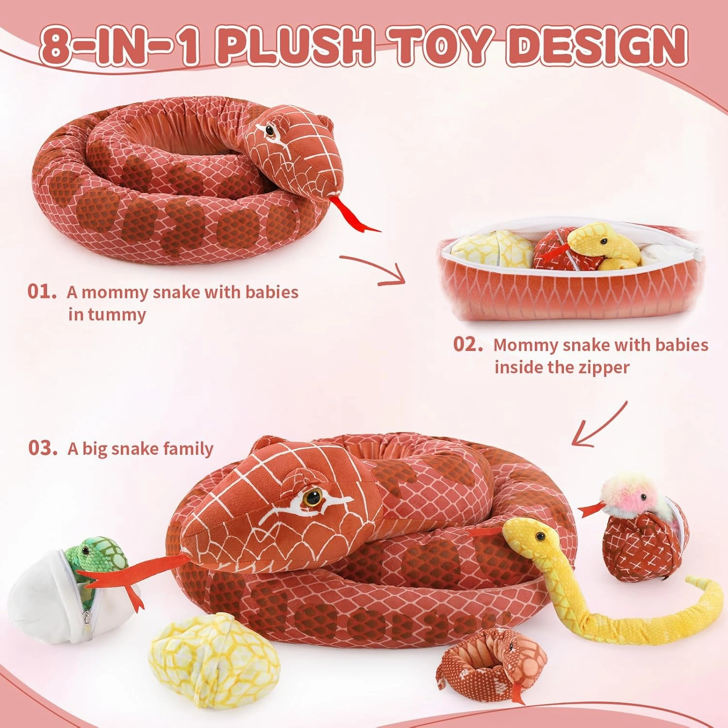 MaoGoLan 118'' Large Plush Snake Giant Snake Mommy with 4 Babies & 3 Eggs Plush Toy Bulk, Red Boa Constrictor Stuffed Animal Gift for Kids Boys Girls Christmas Easter Halloween