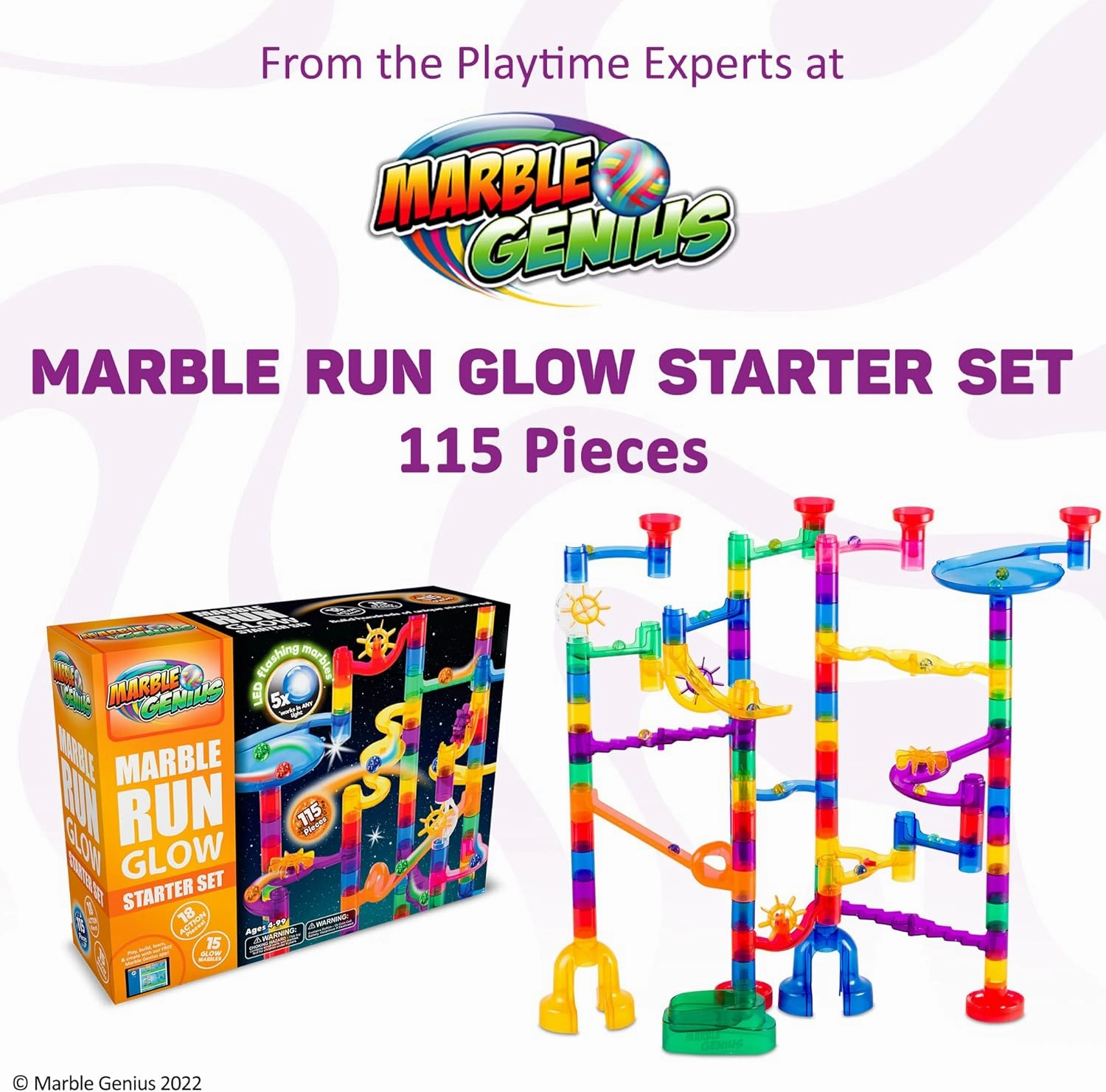 Marble Genius 115 pcs Glow Marble Run Track Race Starter Set for Kids Age 4 , Glow in The Dark, STEM Educational Building Block, Color Instruction Manual, for Kids