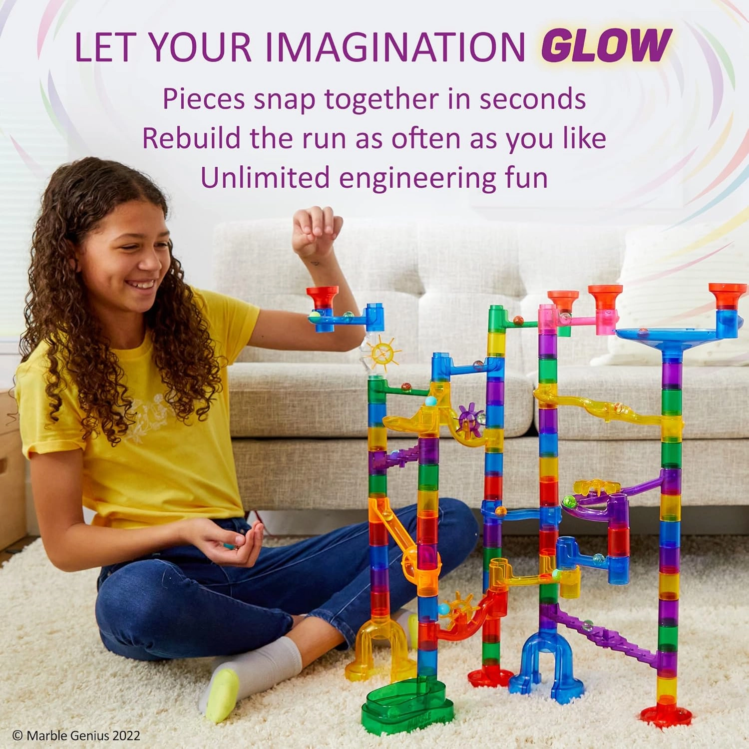 Marble Genius 115 pcs Glow Marble Run Track Race Starter Set for Kids Age 4 , Glow in The Dark, STEM Educational Building Block, Color Instruction Manual, for Kids