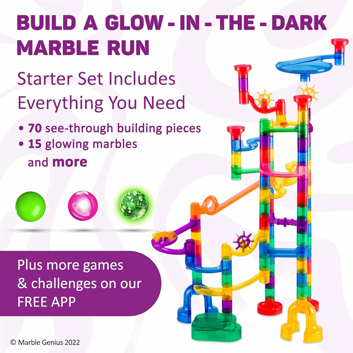 Marble Genius 115 pcs Glow Marble Run Track Race Starter Set for Kids Age 4 , Glow in The Dark, STEM Educational Building Block, Color Instruction Manual, for Kids
