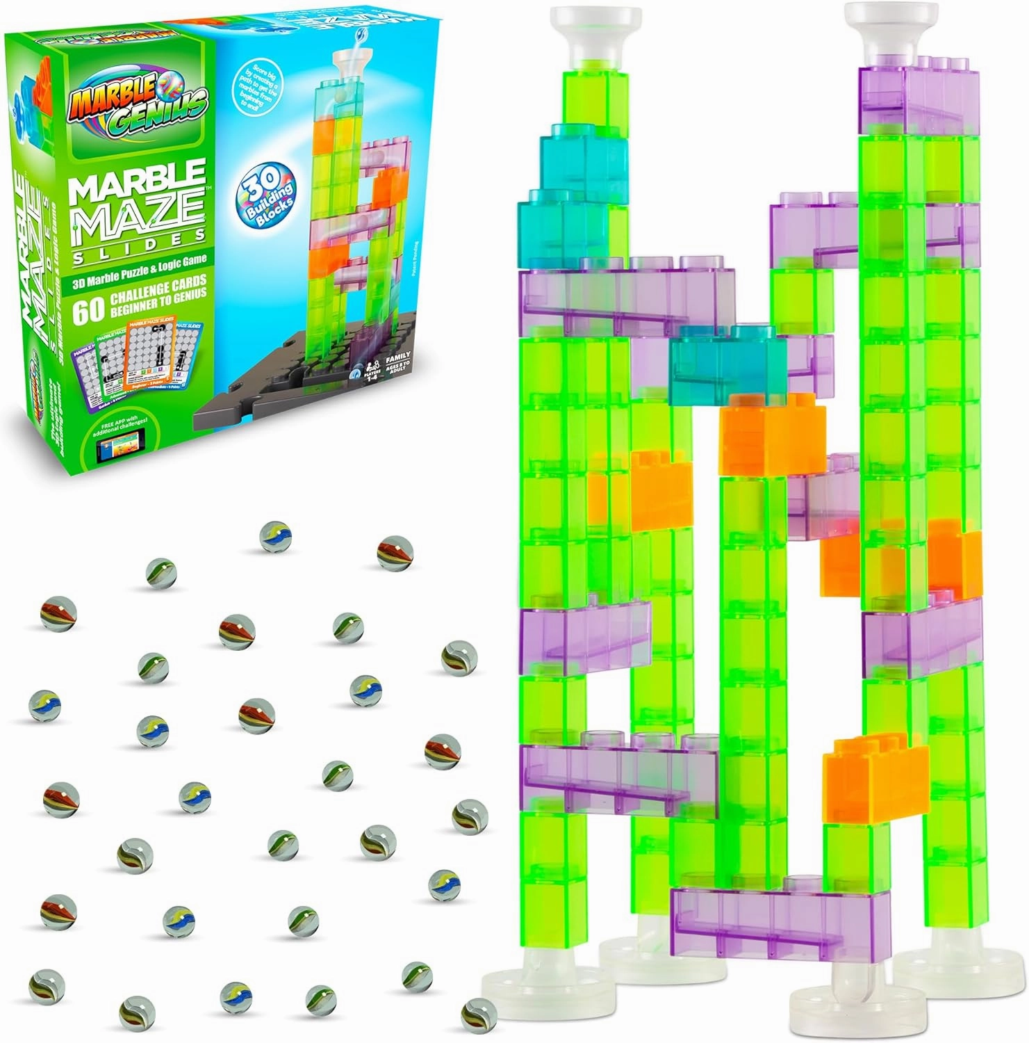 Marble Genius Marble Maze Slides Set: 30 Building Blocks, and 60 Challenge Cards, with Instruction App Access - 3D Puzzle and Logic Game - Build, Race, and Discover Tracks with This Marble Game Set