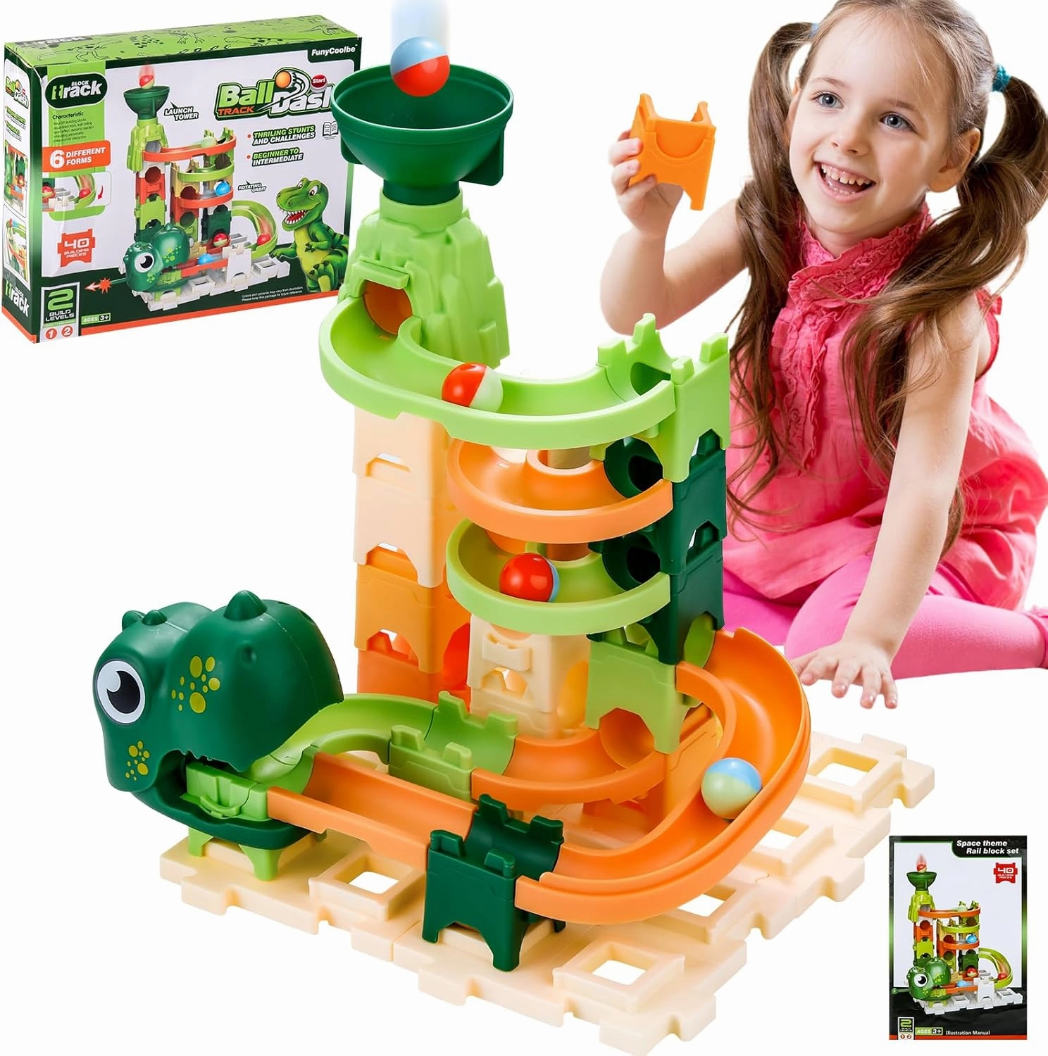Marble Run Upgrade Big Building Blocks for Kids Ages 4-8, 40 Pieces Marble Maze Track Game Easy to Install, Dinosaur Toys Gift Various Track Models for Boys Girls