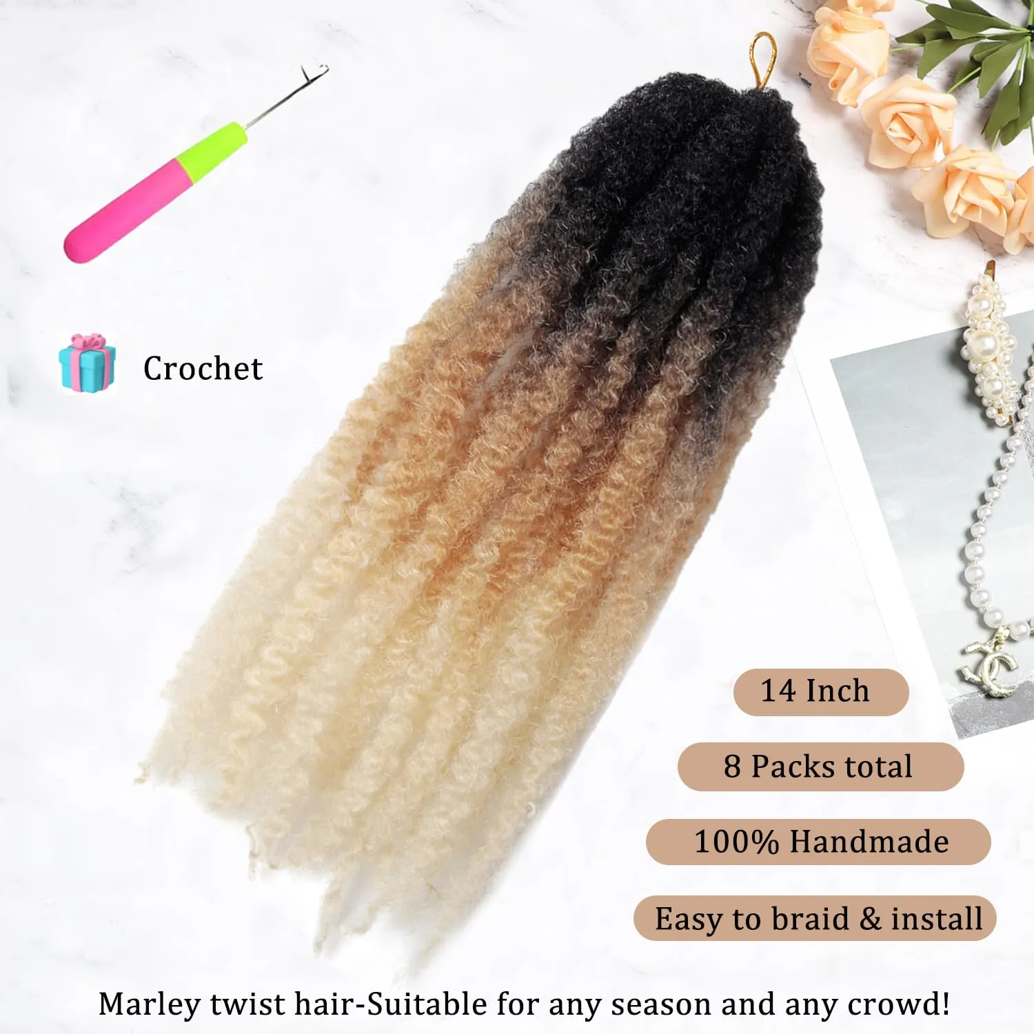 Marley Twist Braiding Hair 14 inch Afro Kinky Curly Crochet Braids 8 Packs Cuban Twist Crochet Braids Synthetic Low Maintenance Skin-Friendly Marley Hair Extensions(1B/27/613, Packs of 8)