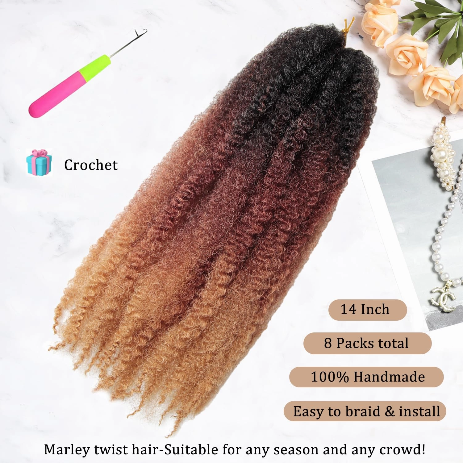 Marley Twist Braiding Hair 14 inch Afro Kinky Curly Crochet Braids 8 Packs Cuban Twist Crochet Braids Synthetic Low Maintenance Skin-Friendly Marley Hair Extensions(1B/30/27, Packs of 8)