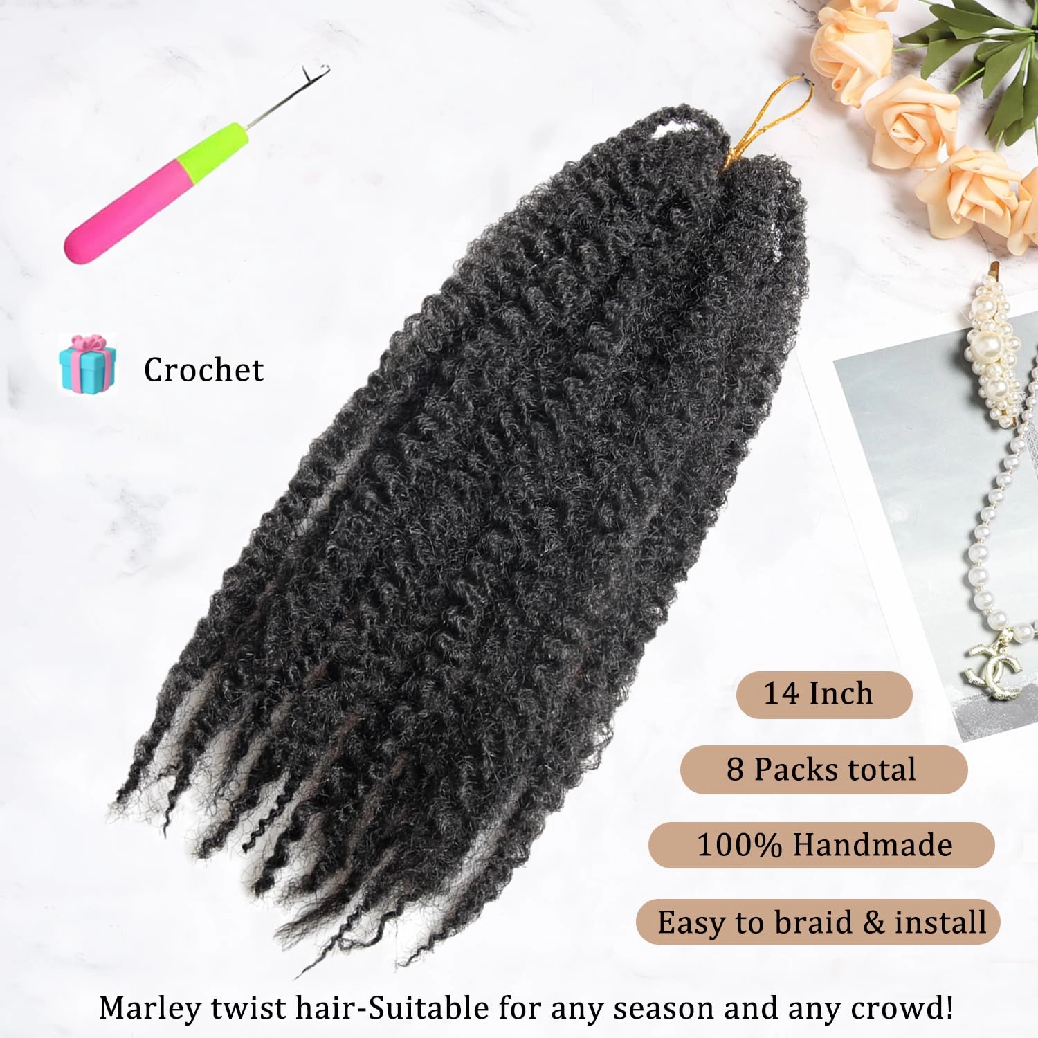 Marley Twist Braiding Hair 14 inch Afro Kinky Curly Crochet Braids 8 Packs Cuban Twist Crochet Braids Synthetic Low Maintenance Skin-Friendly Marley Hair Extensions(1B, Packs of 8)