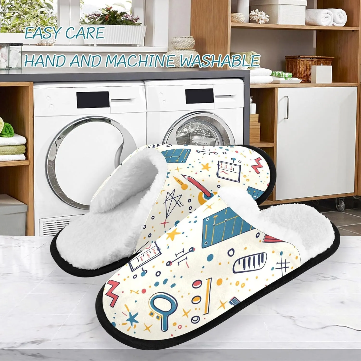 Math Stationeries Polka Dots Plush Slippers for Women Men Warm Comfortable Travel Spa Slipper Non-slip House Shoes