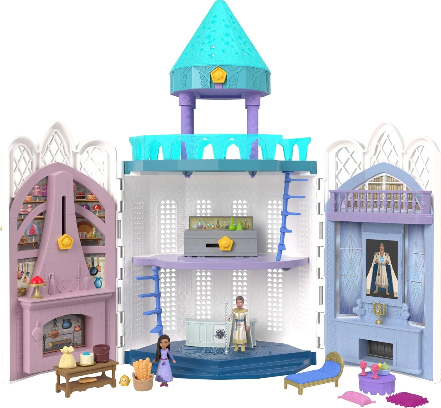 Mattel Disney Wish Toys, Rosas Castle Dollhouse Playset with 2 Posable Mini Dolls, Star Figure, 20 Accessories, Light-Up Projection Dome & More