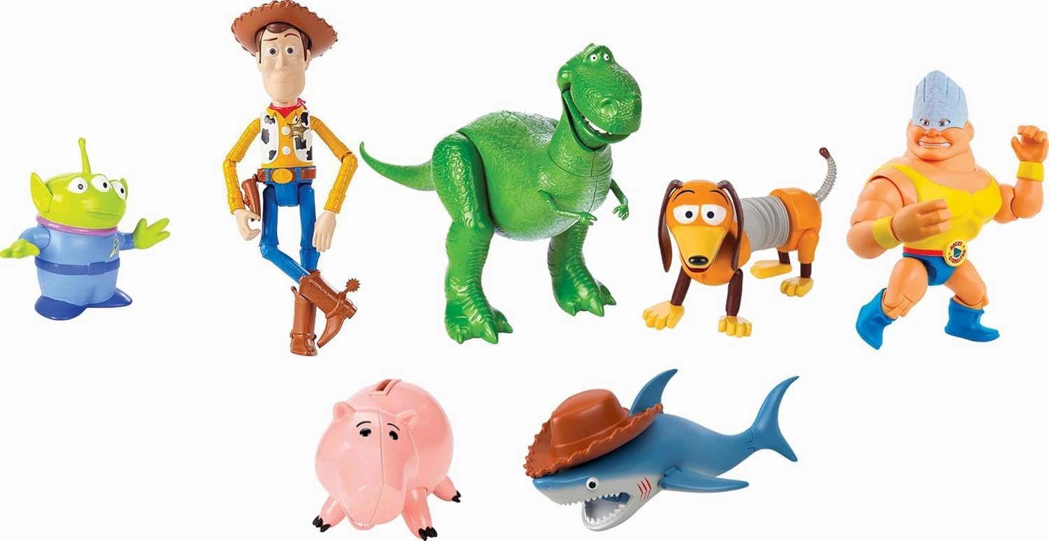Mattel Disney and Pixar Toy Story Set of 7 Action Figures with Woody, Slinky, Rex, Hamm, Alien, Rocky & Shark, Disney100 Collectible