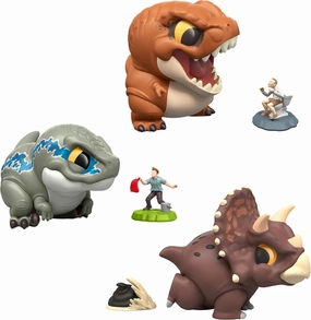 Mattel Jurassic World Bite Club Dinosaur Collectible Figure & Accessory Set with 3 Scenes, Includes T. Rex, Velociraptor Blue & Triceratops, 4-inch Scale