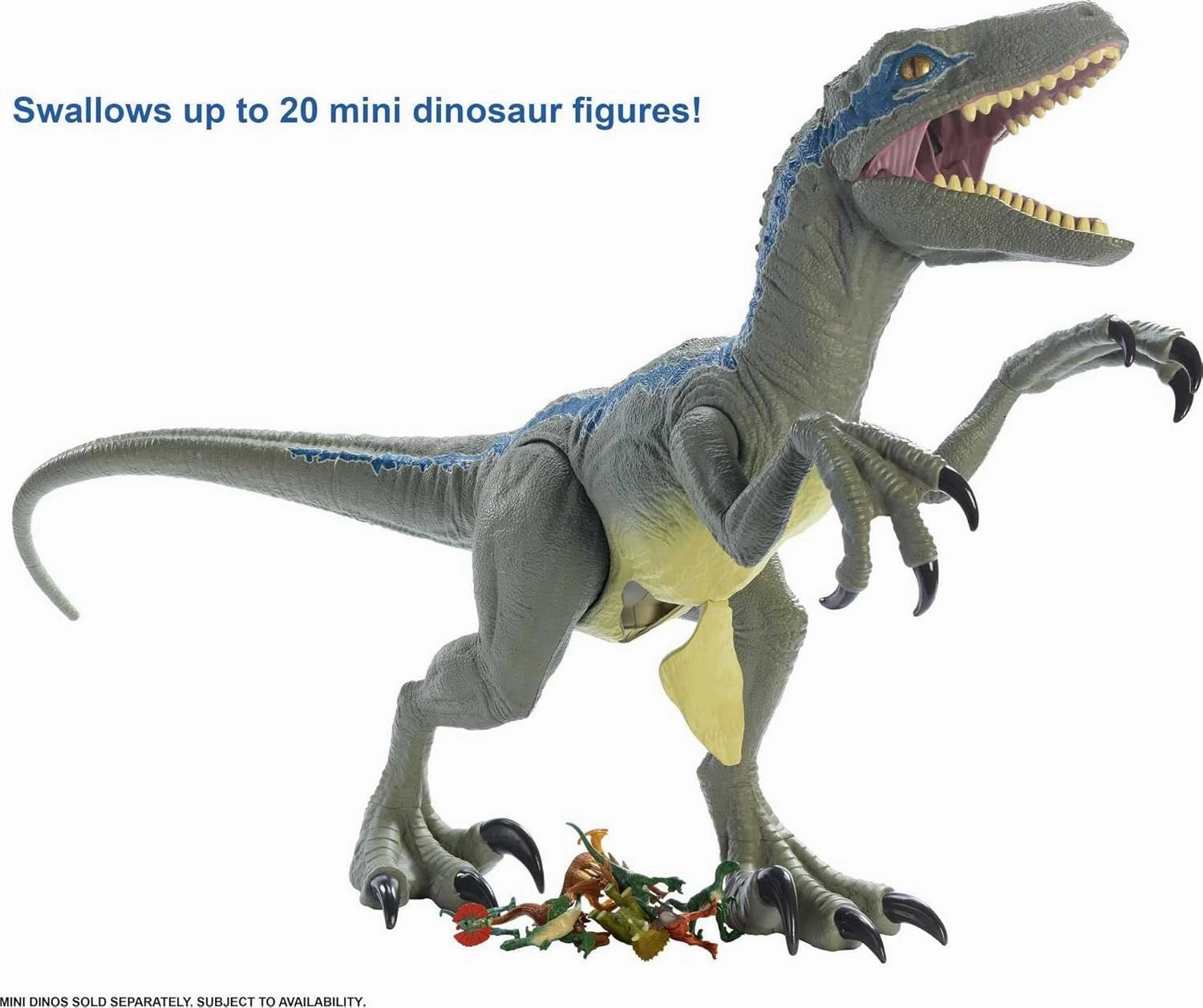 Mattel Jurassic World Super Colossal Dinosaur Action Figure, Large Velociraptor Blue Dino Toy with Eating Feature, 3.5-ft Long