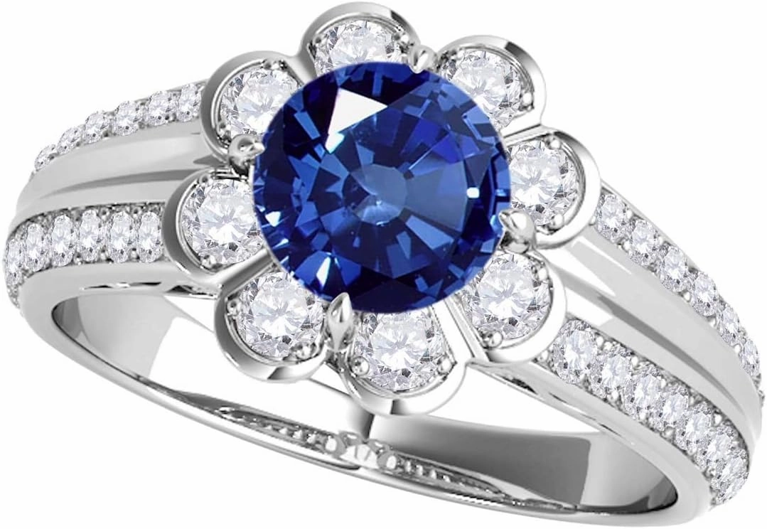 Mauli Jewels 1.25 Carat Halo Sapphire And Diamond Engagement Ring 4 prong 14k Solid White Gold