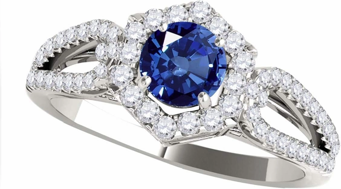 Mauli Jewels 1.27 Carat Halo Sapphire And Diamond Engagement Ring Crafted 4 Prong-Setting 14k Solid White Gold