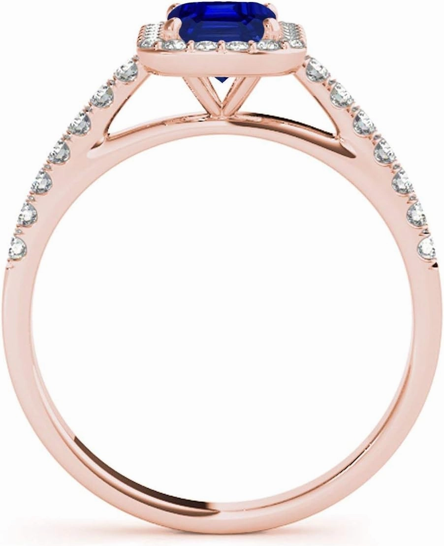 MauliJewels 0.9 Carat Diamond And Emerald Shape Sapphire Bridal Set Ring 4-prong 10k Rose Gold