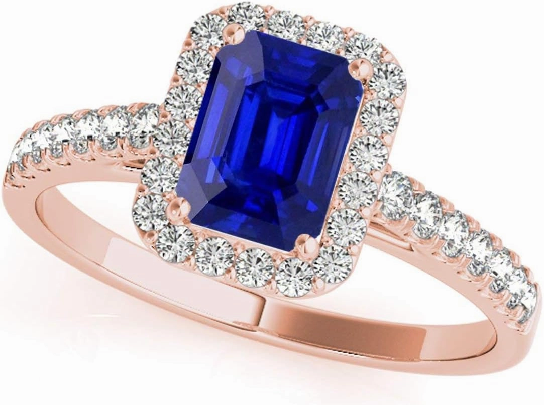 MauliJewels 0.9 Carat Diamond And Emerald Shape Sapphire Bridal Set Ring 4-prong 10k Rose Gold
