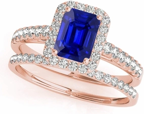 MauliJewels 0.9 Carat Diamond And Emerald Shape Sapphire Bridal Set Ring 4-prong 10k Rose Gold