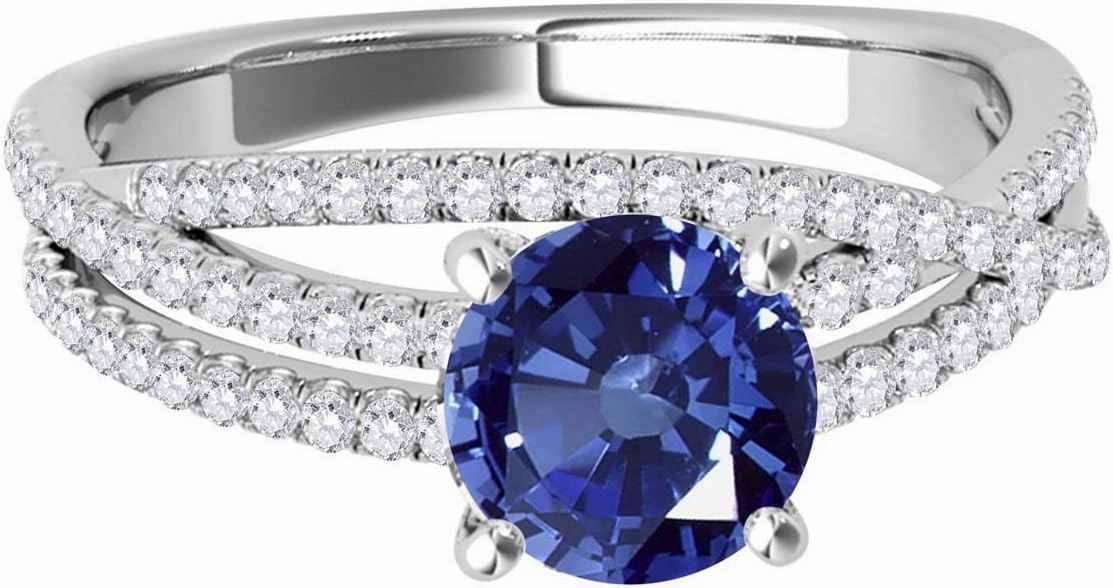 MauliJewels 1.18 Carat Halo Split Shank Sapphire And Diamond Engagement Ring Crafted 4-prong 14k Solid White Gold