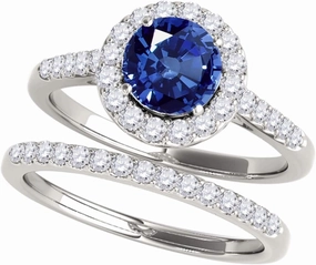 MauliJewels 1.40 Carat Halo Diamond with Blue Sapphaire Bridal Ring Set for Women Crafted in Solid 14K Gold with Shared Prong