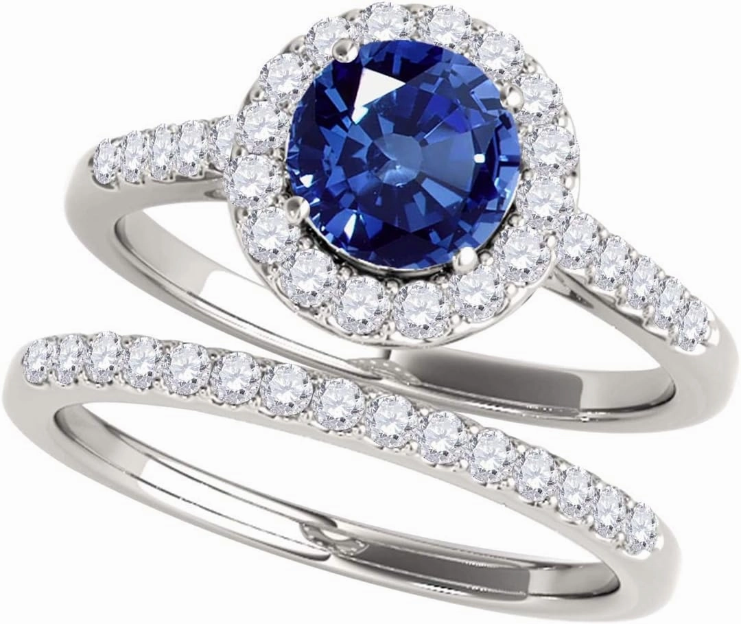 MauliJewels 1.40 Carat Halo Diamond with Blue Sapphaire Bridal Ring Set for Women Crafted in Solid 14K Gold with Shared Prong