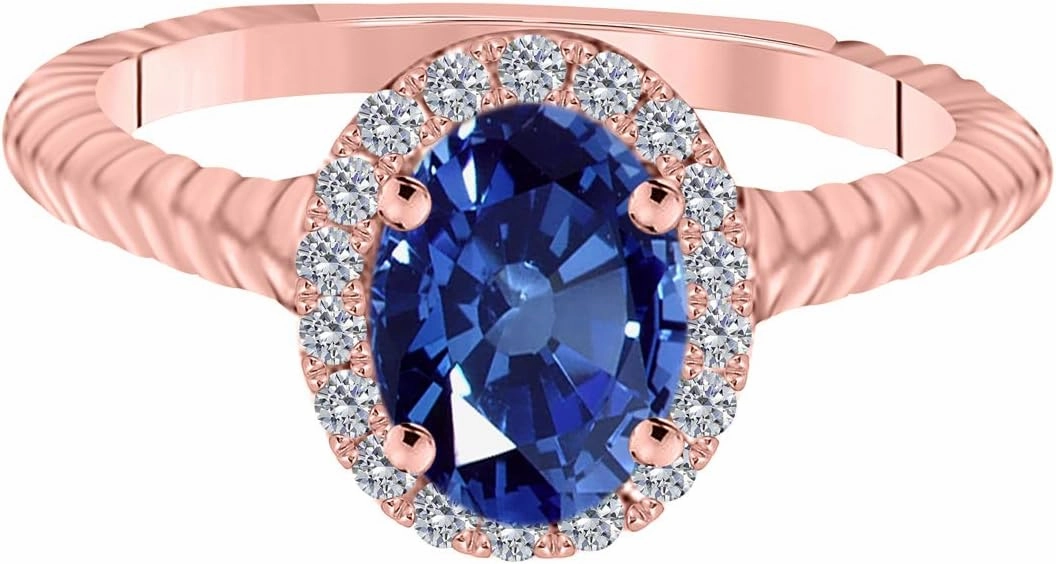 MauliJewels Rings for Women 0.97 Carat Diamond And Oval Shape Sapphire Ring 4-prong 10K Rose Gold
