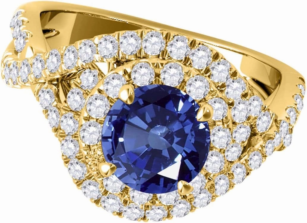 MauliJewels Rings for Women 1.15 Carat Splint Shank Interwined Design Diamond And Sapphire Ring shared-prong 14k Yellow Gold