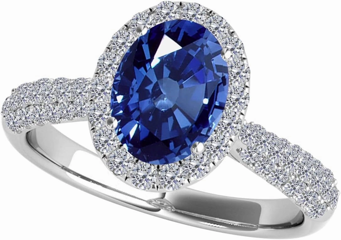 MauliJewels Rings for Women 1.20 Carat Diamond and Oval Shaped Sapphire Ring pave 10K White Gold