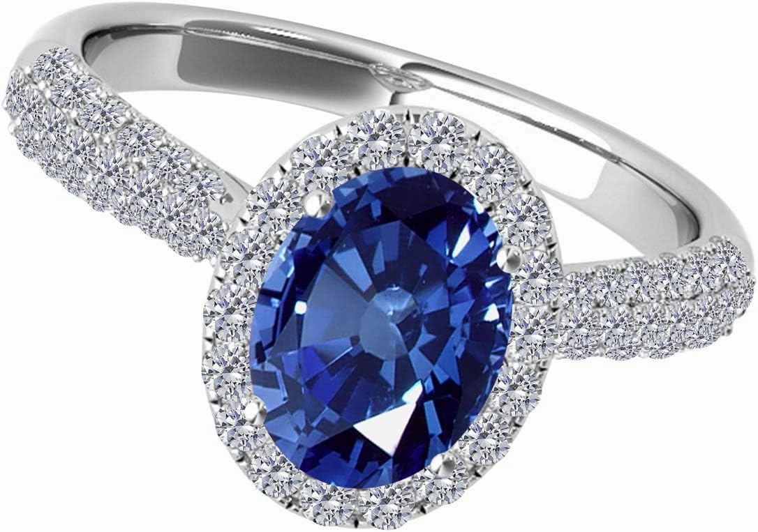 MauliJewels Rings for Women 1.20 Carat Diamond and Oval Shaped Sapphire Ring pave 10K White Gold