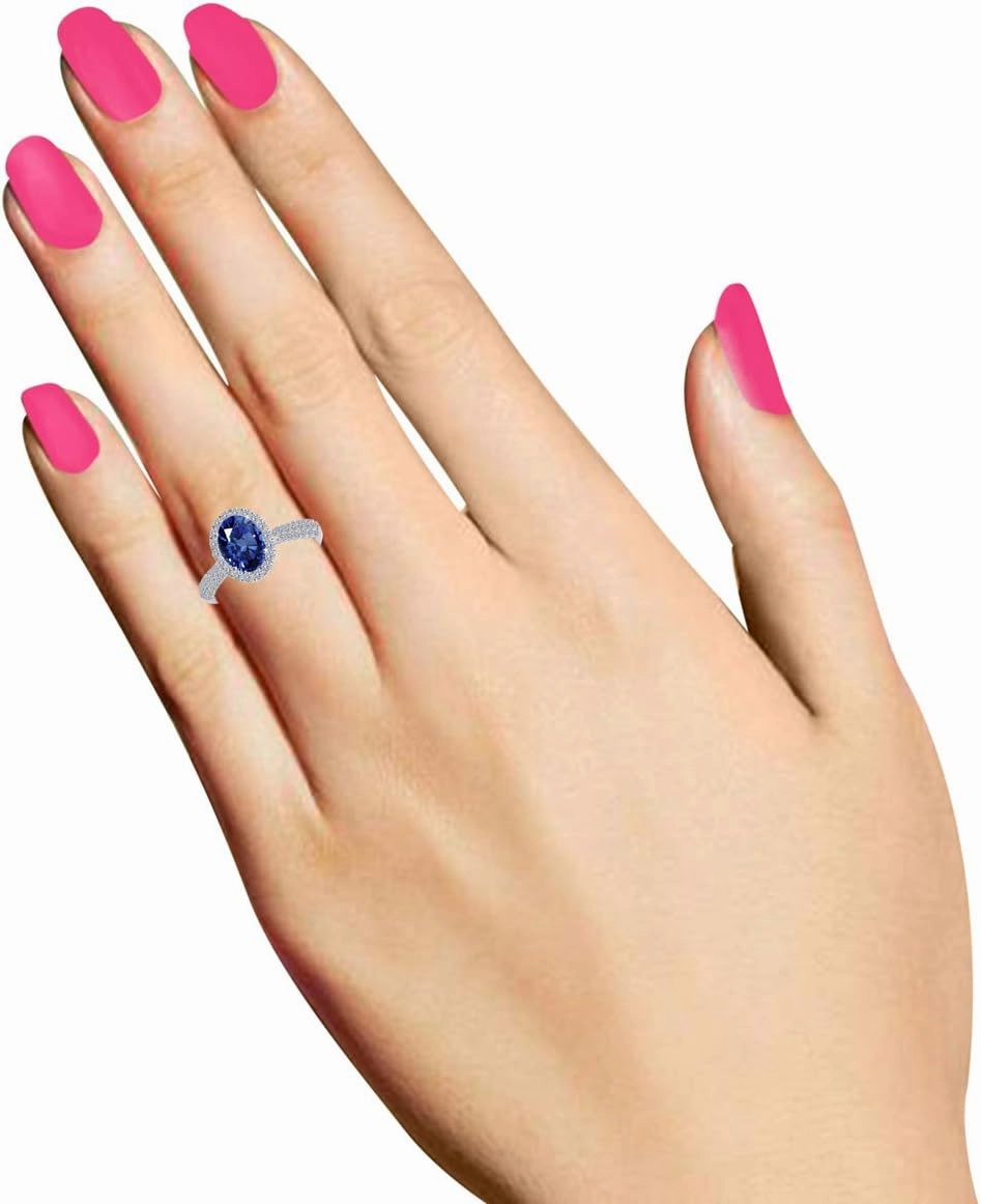 MauliJewels Rings for Women 1.20 Carat Diamond and Oval Shaped Sapphire Ring pave 10K White Gold