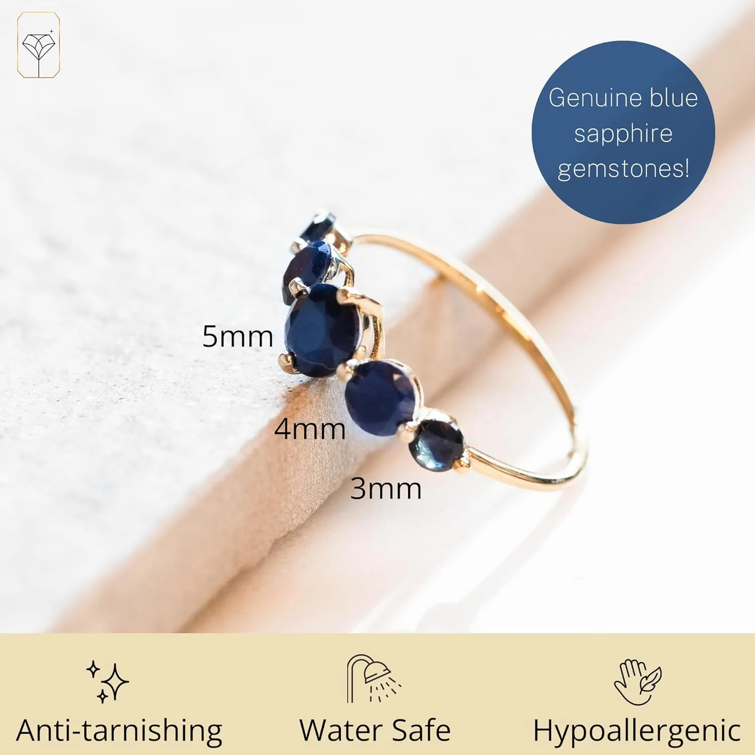 MAX   STONE 10k Gold Journey Ring for Women | Gemstone Ring | Dainty Birthstone Ring for Women | Yellow Gold Statement Ring with Sapphire Gemstones