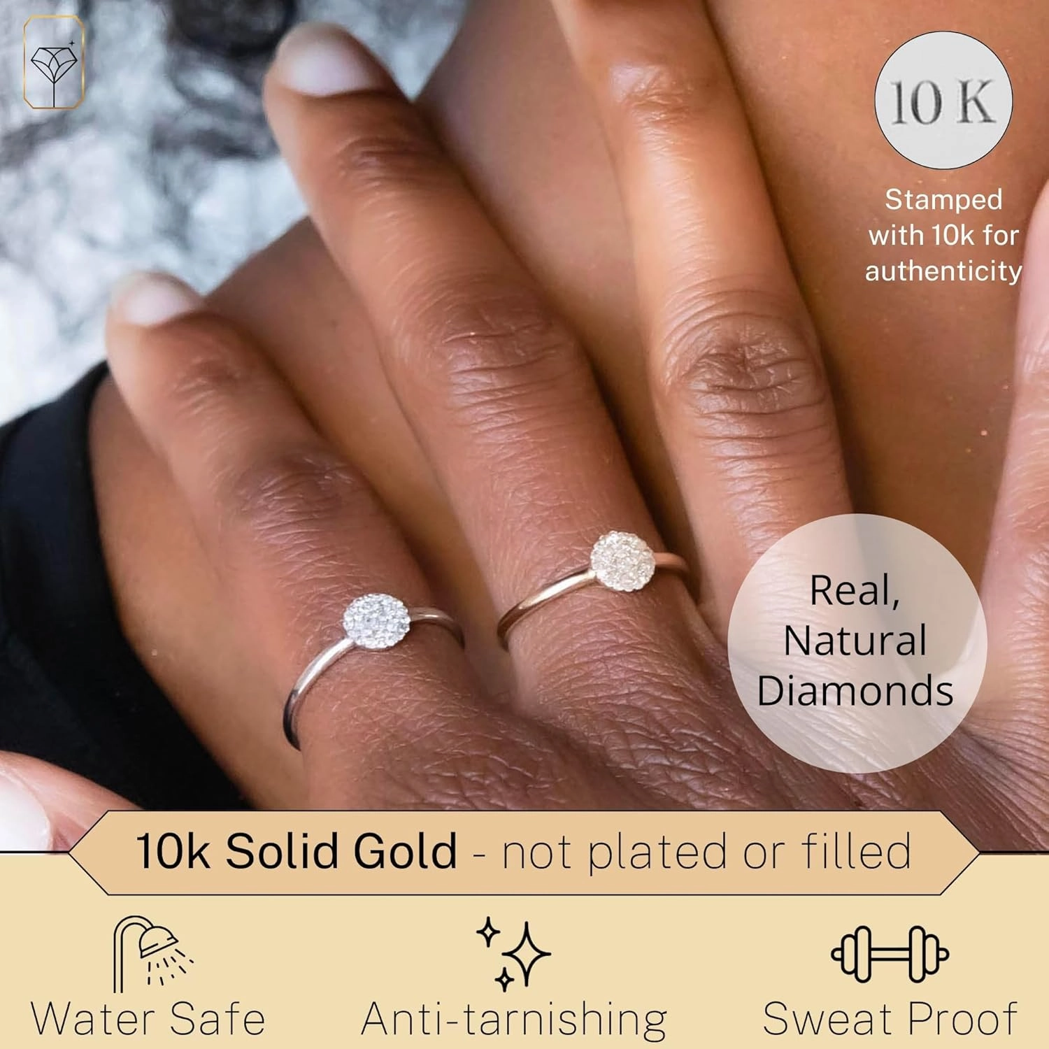 MAX   STONE Solid 10k Gold Pave Diamond Ring for Women | Round Shaped White & Yellow Gold Diamond Ring for Women | Real Diamond Promise Ring for Her Gold | Diamond Gold Ring Sizes 6-8