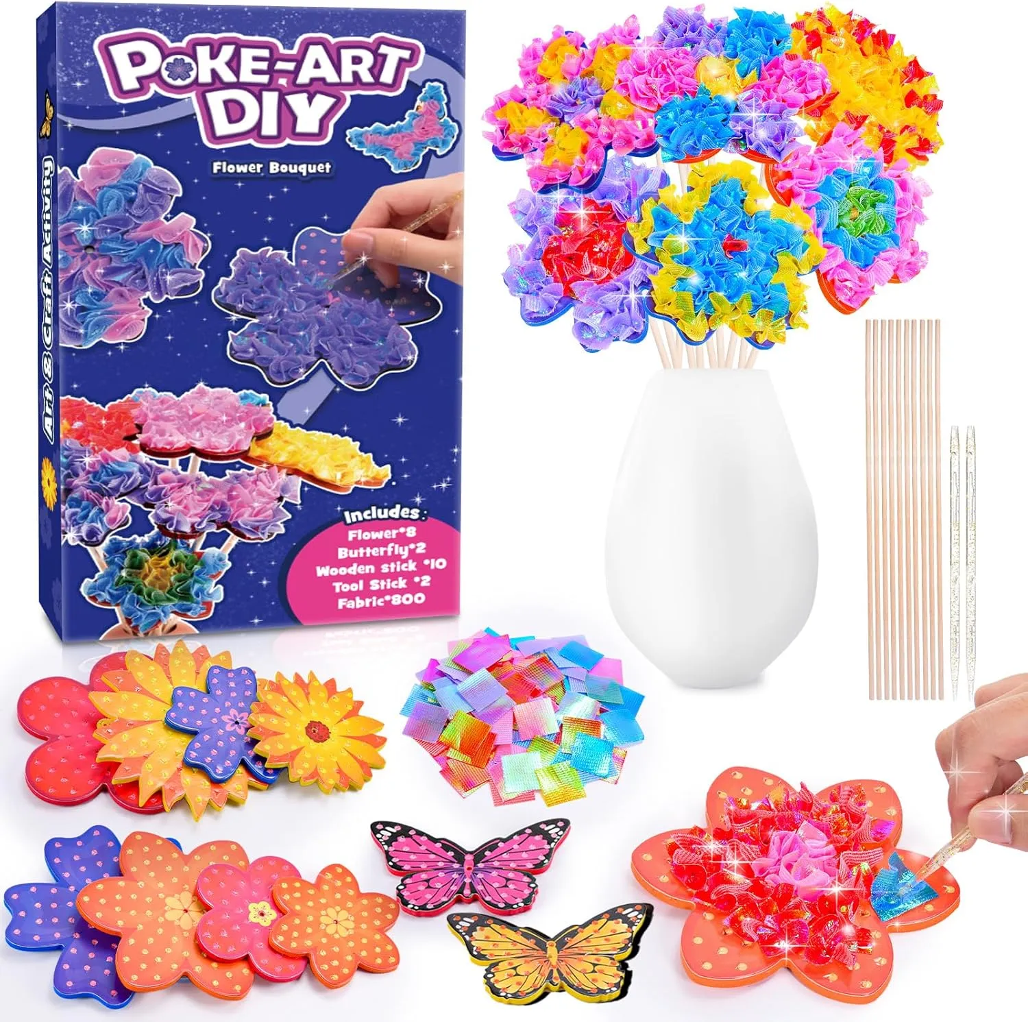 MDINGTD Toys for 4 5 6 7 8  Year Old Girls, Poke-in Art Flower Bouquet with 8 Flowers & 2 Butterflies Arts and Crafts for Girls Ages 4-12 DIY Creative Activity Birthday Gifts Crafts Kits