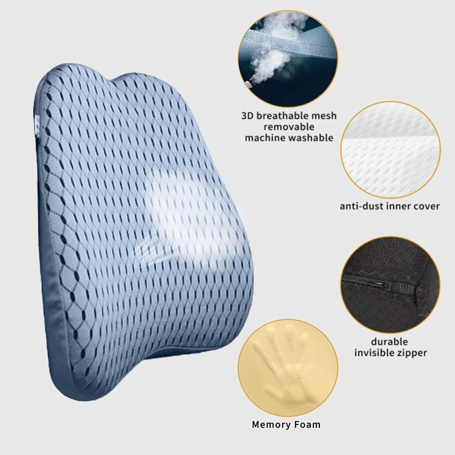 Memory Foam car Lumbar Support Pillow - Memory Foam Back Cushion - Used for car Seats, Office Chairs, recliners, Sofas, etc. (Gray)