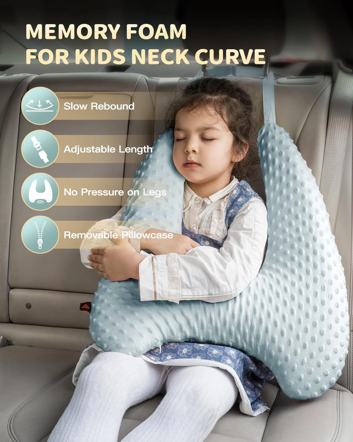 Memory Foam Kids Travel Pillow, Car Pillow for Kids, H-Shape Car Pillows for Sleeping, Removable Pillowcase, Adjustable, Velvet Dots, Blue