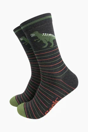 Men's Bamboo Socks - Black, T-Rex Stripe