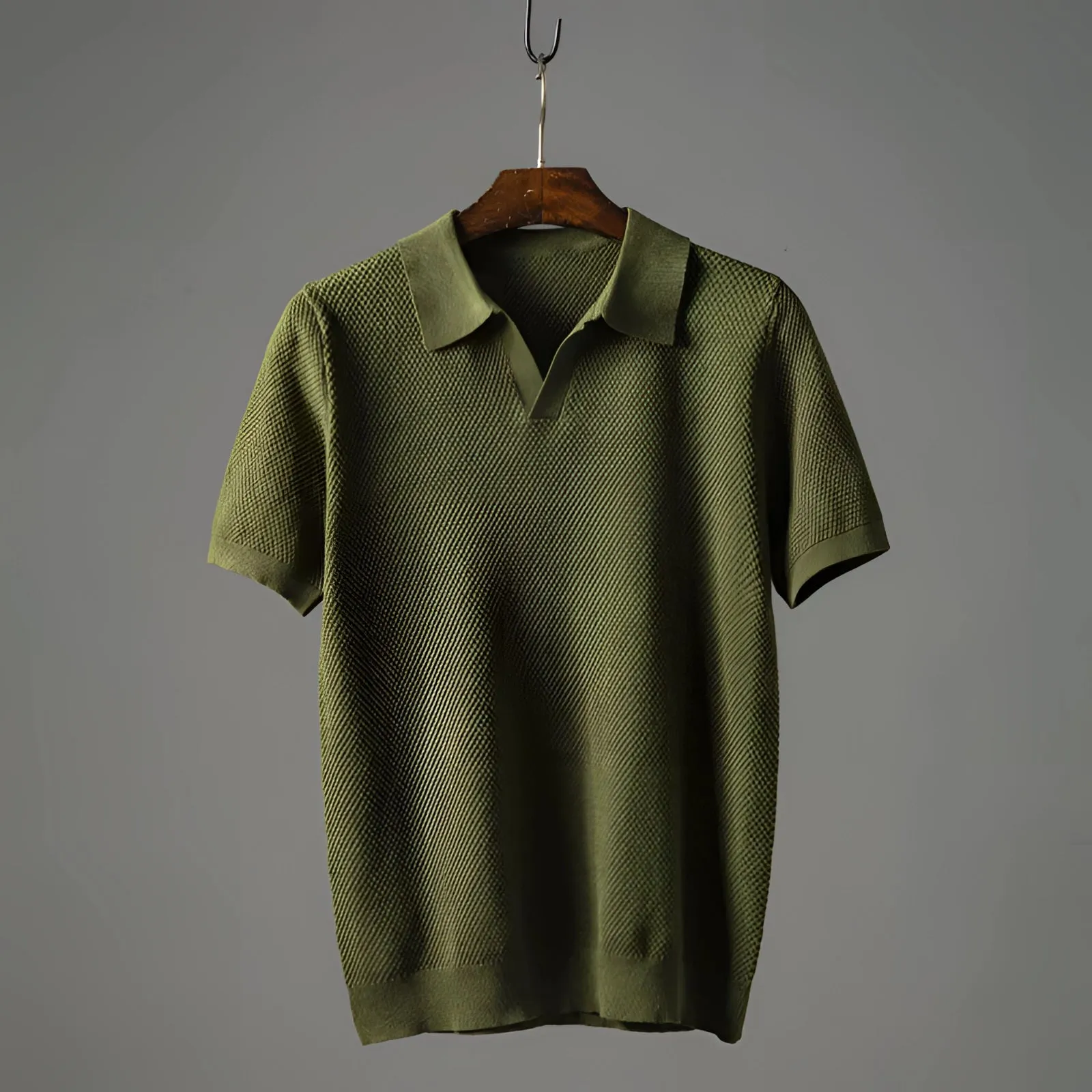 Men's Olive Green Textured Polo Shirt - Lightweight & Breathable