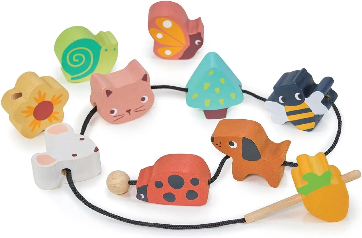 Mentari Toys - Garden Threading Beads - 11pc Wooden Lacing Beads and Chord - Chunky Natural Wood Pieces for Threading & Stacking - Early Educational Toy for Toddlers - Boost Fine Motor Skills - Age 3 