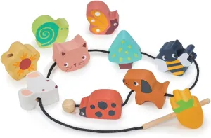 Mentari Toys - Garden Threading Beads - 11pc Wooden Lacing Beads and Chord - Chunky Natural Wood Pieces for Threading & Stacking - Early Educational Toy for Toddlers - Boost Fine Motor Skills - Age 3 