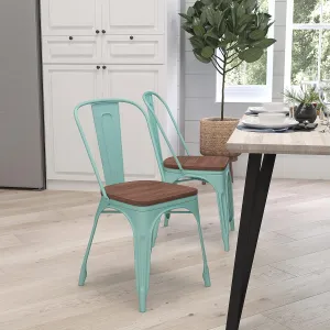 Merrick Lane Calumet Stacking Dining Chair - Mint Green Powder Coated Frame - Textured Wooden Seat - 500 lb. Static Weight Capacity - Protective Floor Glides