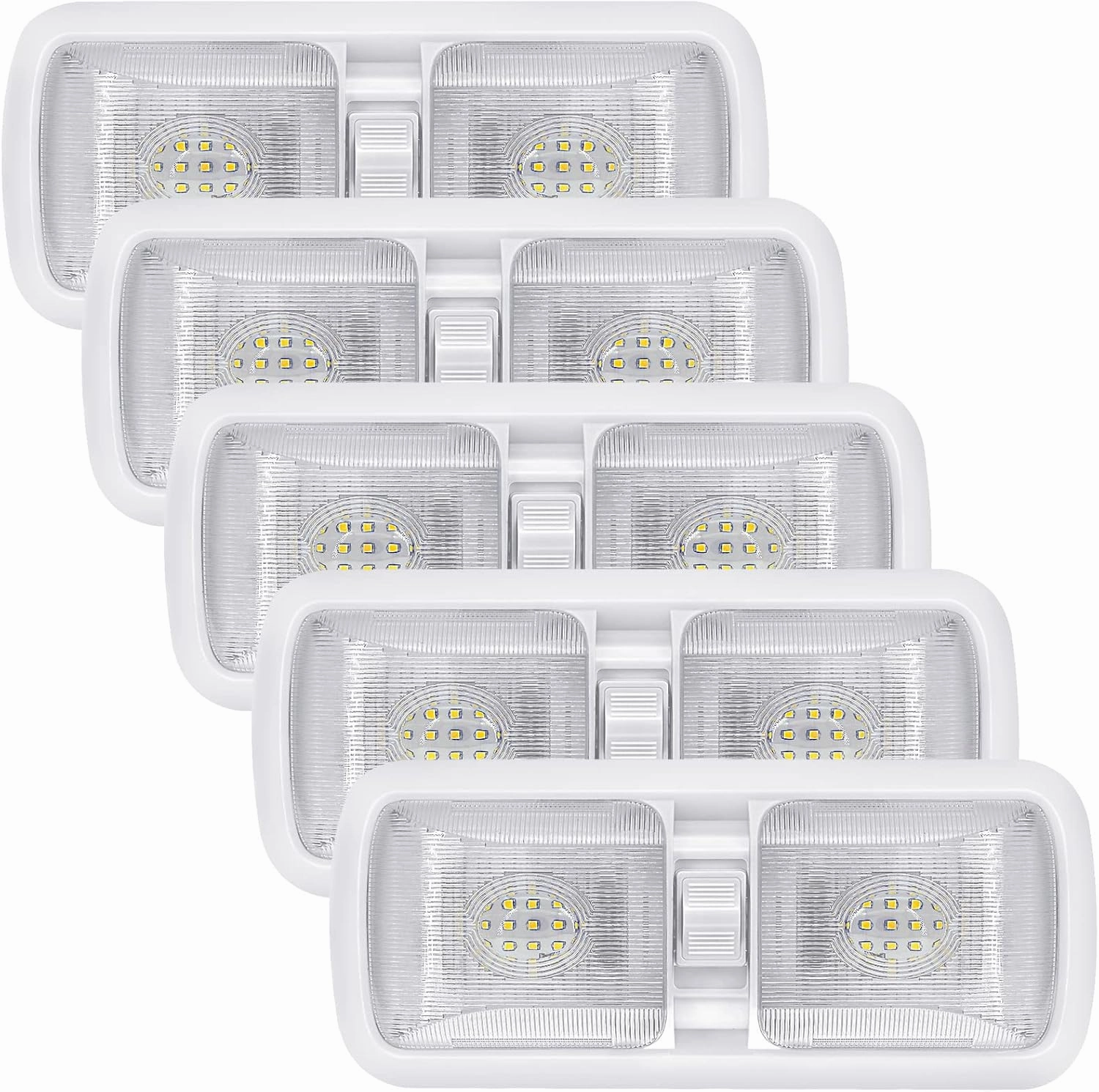 Miady 12V LED RV Interior Lights 750 Lumen, RV LED Ceiling Double Dome Light with Switch for Car/Trailer/Camper/Boat, Natural White 4000-4500K, 60X2835SMD, Pack of 5